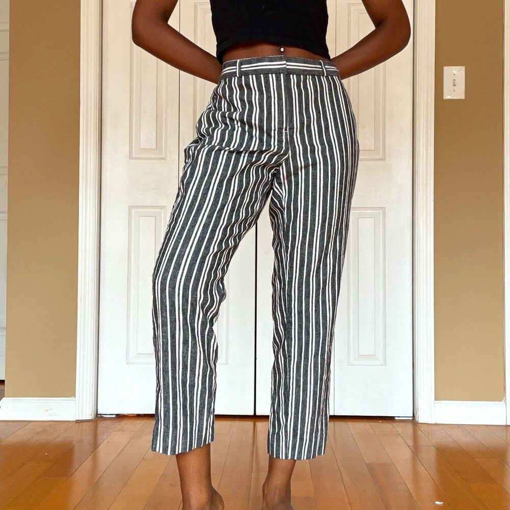 Banana Republic Black/White Striped High-Rise Ankle Straight-Leg Pants 8